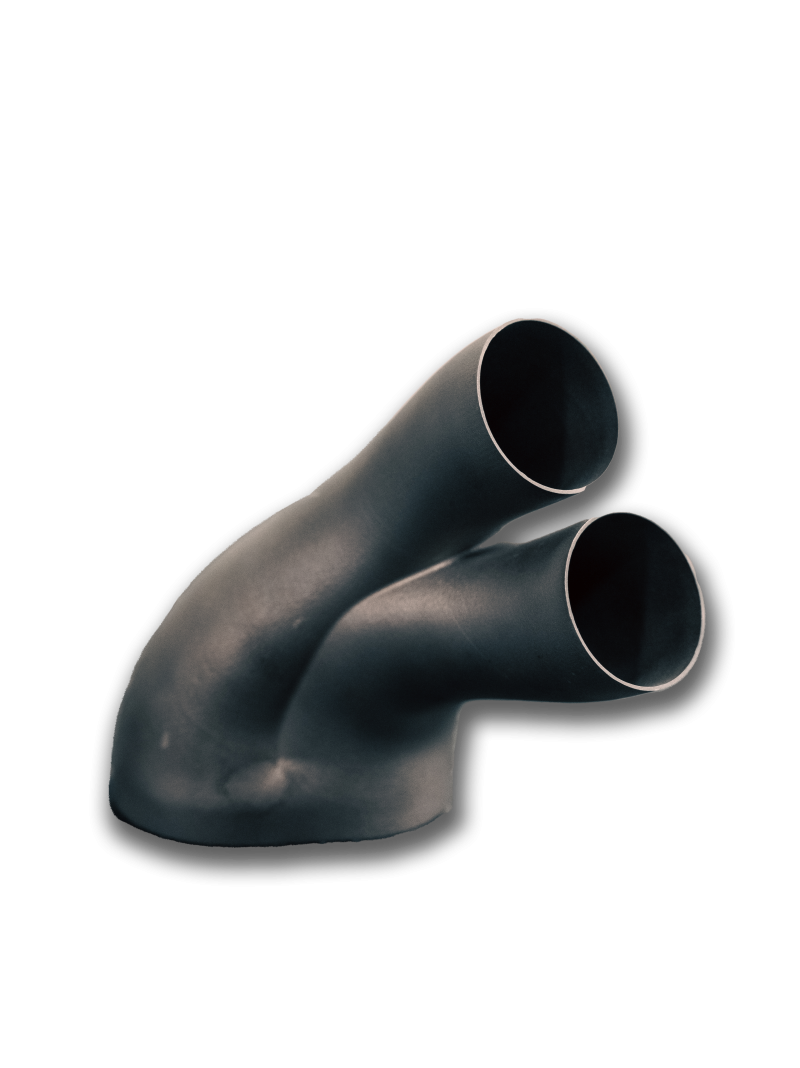 Black metal Y-shaped manifold printed in one piece with DMLS