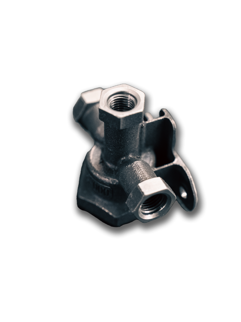 DMLS-printed metal valve body with two threaded ports and a mounting bracket