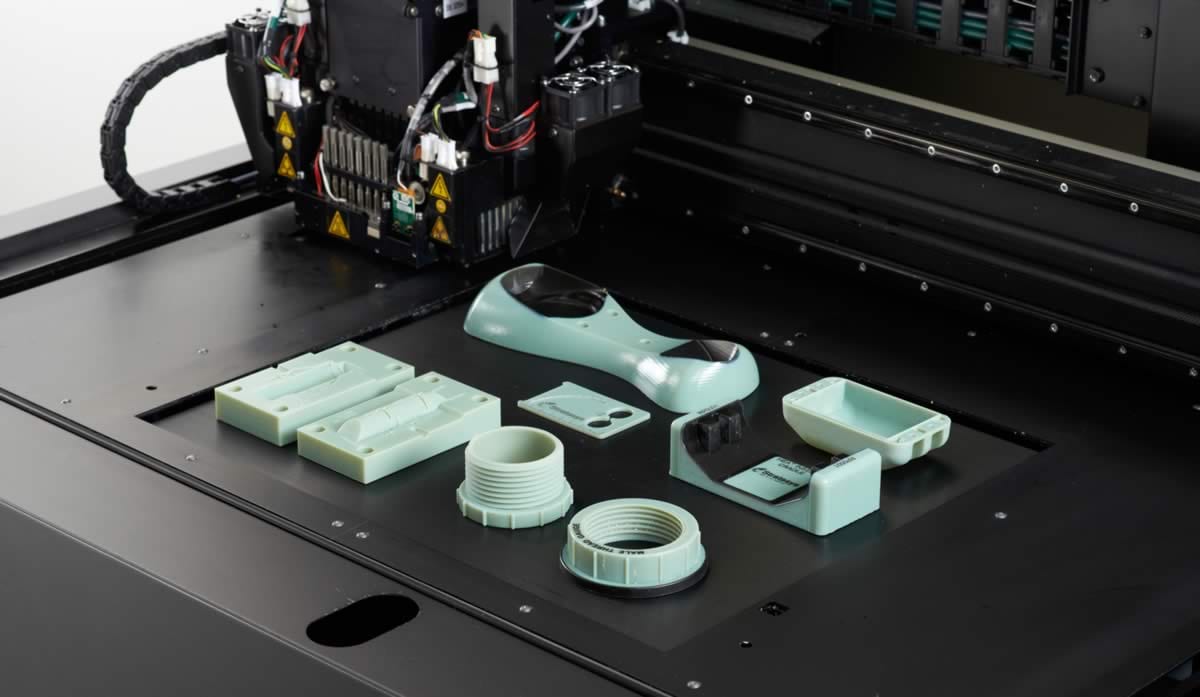 Multi-material PolyJet parts on the printer build tray