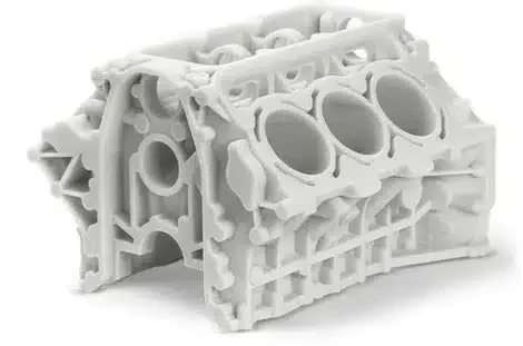 SLS-printed nylon engine block model with intricate internal detail