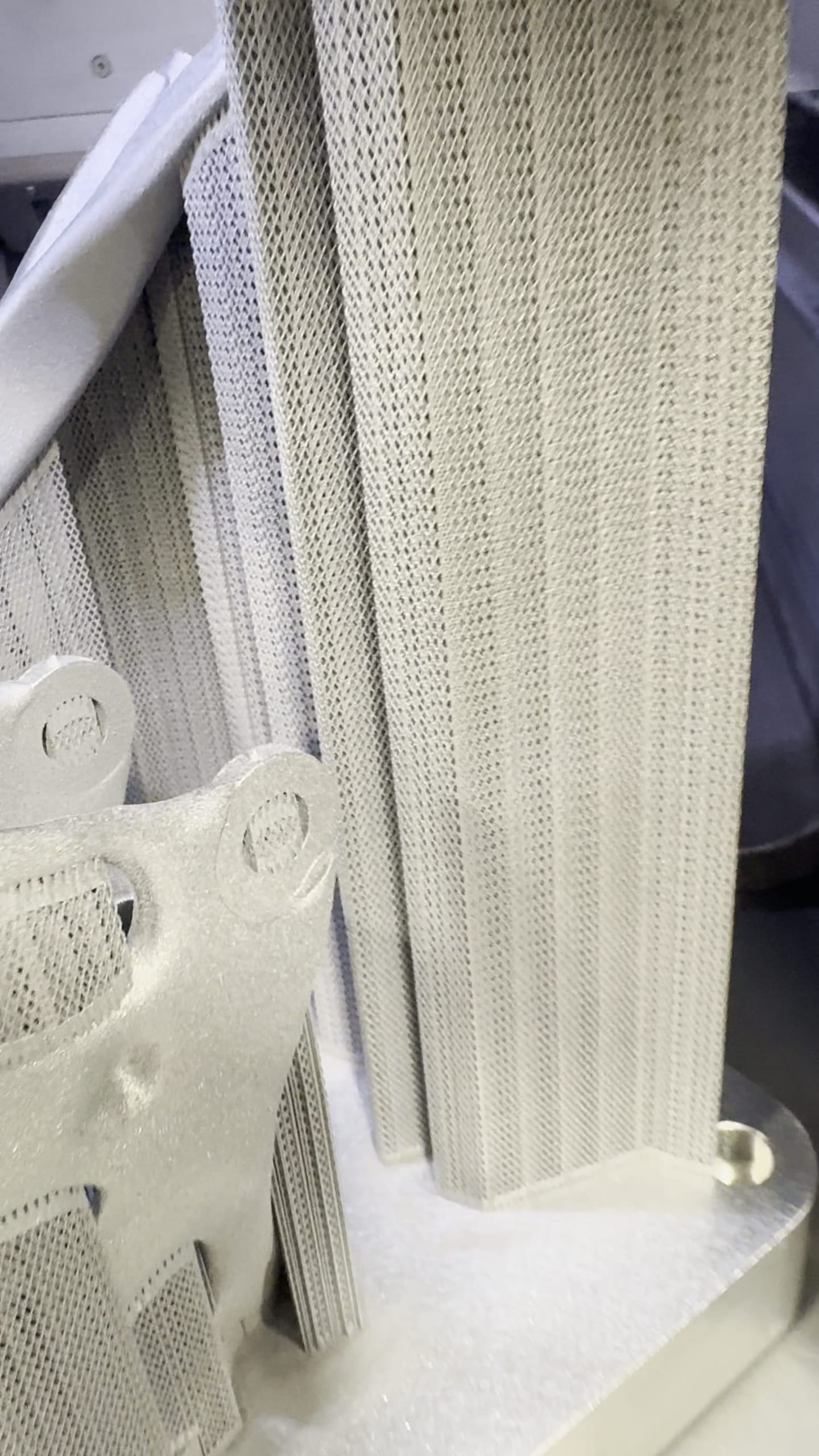 Printed parts standing on the build plate in dense metal support structures before removal