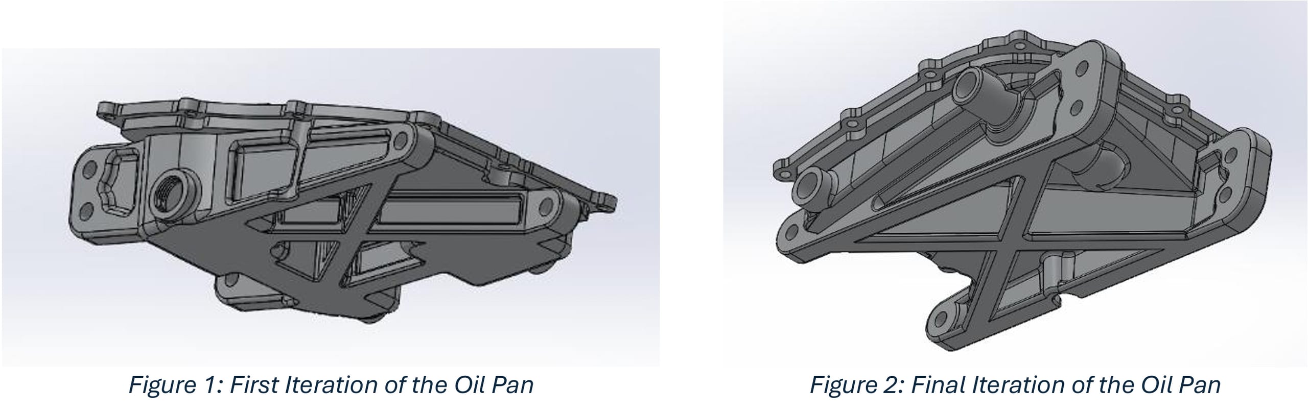 CAD renderings showing the first and final iterations of the structural oil pan